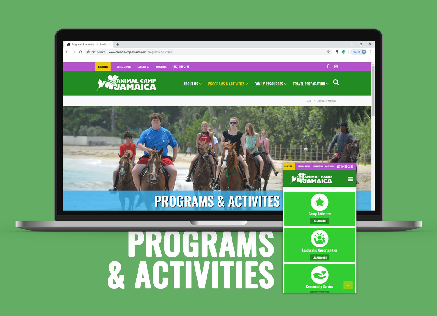 Animal Camp Jamaica - Programs and Activities Web page Portfolio Image - Designs by Martin Holloway