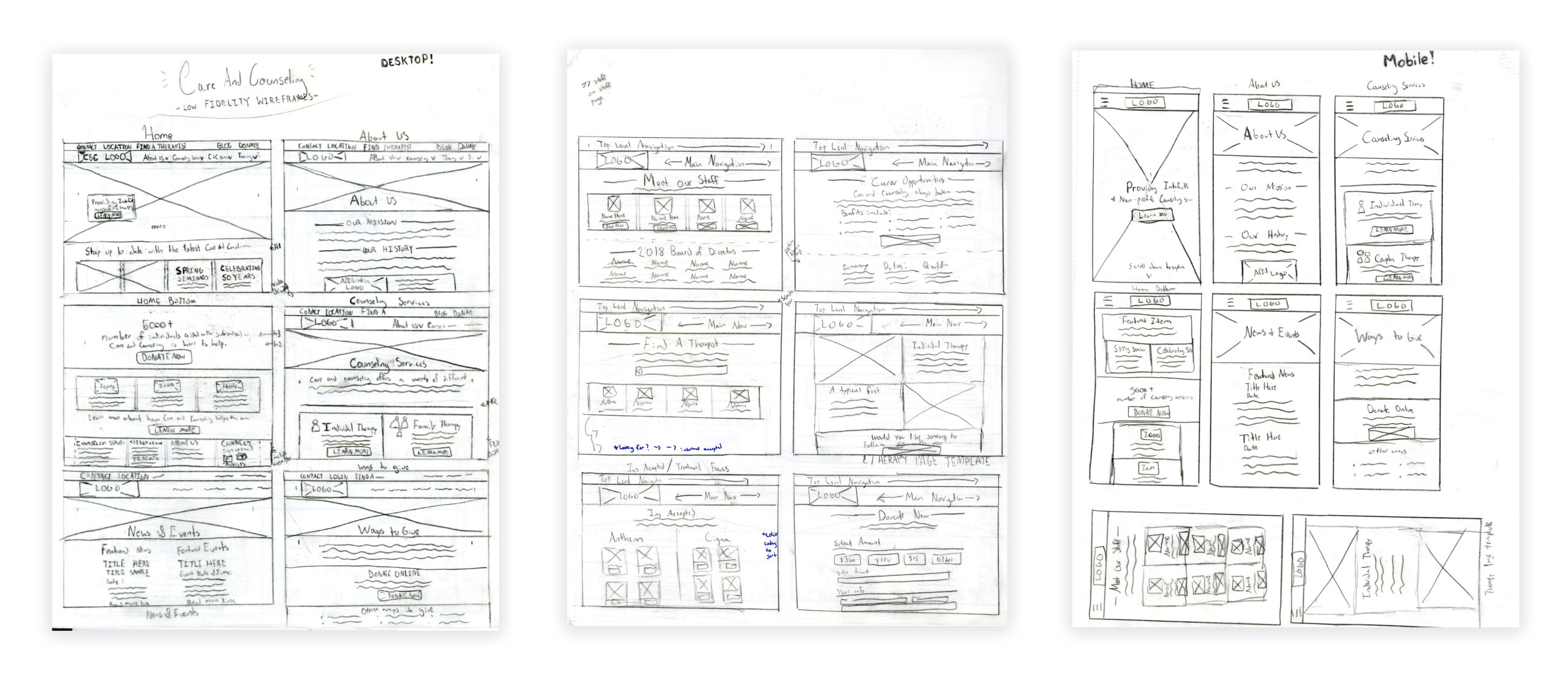 Care and Counseling - Low Fidelity Wireframe Portfolio Image
